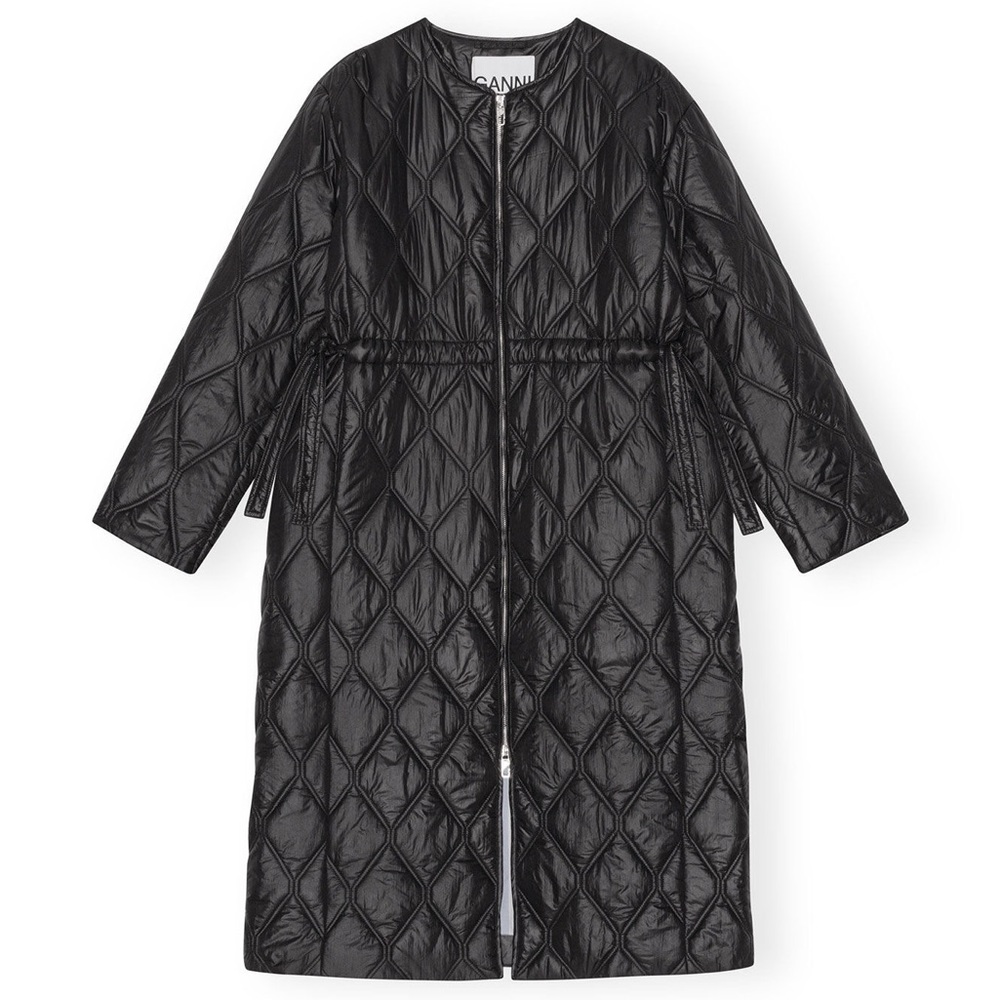 Ganni Black Shiny Quilt Long Coat- - Picture 2 of 7